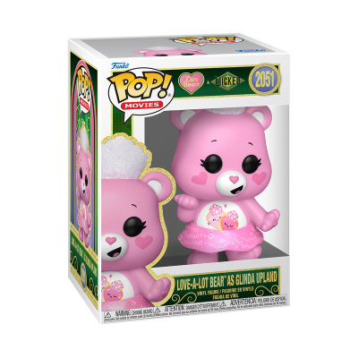 Funko Pop! Love-a-Lot Bear rosa na caixa com texto POP! MOVIES e Care Bears x Wicked