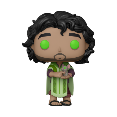 Figura Funko Pop de personagem com roupa verde e bege segurando animal rosa