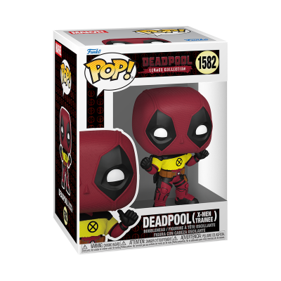 Figura POP! Deadpool numerada 1582 em embalagem com fundo branco e preto e detalhes em vermelho e amarelo
