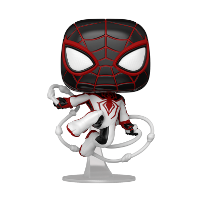 Figura colecionável Funko Pop do Homem-Aranha em máscara preta e branco com detalhes vermelhos