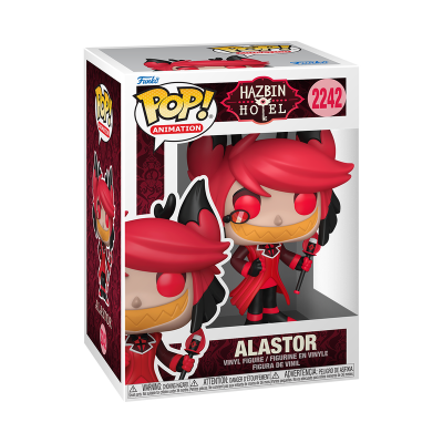 Caixa de Funko Pop com figura da personagem Alastor de Hazbin Hotel com cores vermelho e preto.