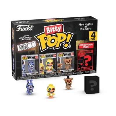 Caixa de figuras Funko Bitty Pop! Five Nights at Freddy's com quatro personagens pequenos e uma caixa de mistério