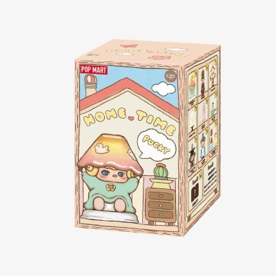 Caixa de brinquedo colecionável POP MART com boneco Pucky e imagens da coleção