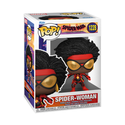 Funko Pop Spider-Woman com cabelo afro e fato vermelho e preto numa caixa