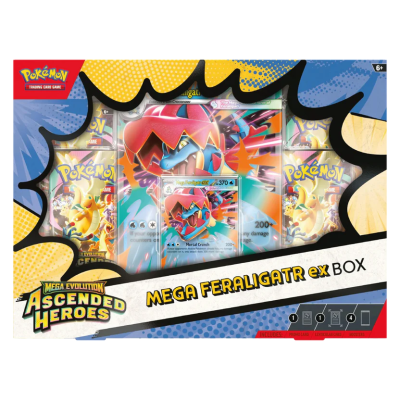 Caixa do jogo de cartas Pokémon Mega Feraligatr ex com design colorido e itens promocionais visíveis