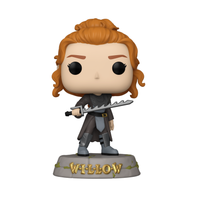 Figura Funko Pop feminina com cabelo ruivo, roupa cinzenta e preta, segurando espada, base com texto WILLOW