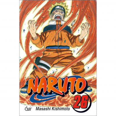 Capa do manga Naruto volume 26 com personagem Naruto em fato laranja rodeado de chamas