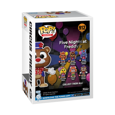 Embalagem da figura Pop! Games Five Nights at Freddy's com personagens e balões coloridos