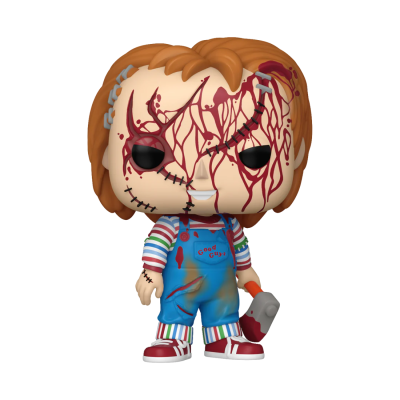 Figura Funko Pop do personagem Chucky com macacão azul e machado.