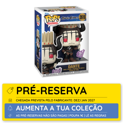 Figura Funko Pop! Black Clover Dante na caixa com texto de pré-reserva em português
