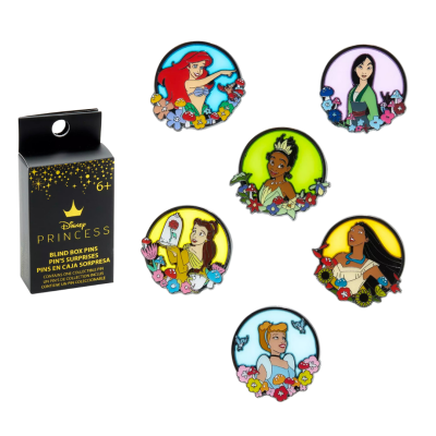 Pins Disney Princess coloridos em caixa preta