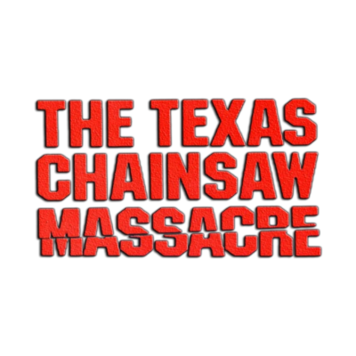 Texto vermelho THE TEXAS CHAINSAW MASSACRE em fundo branco