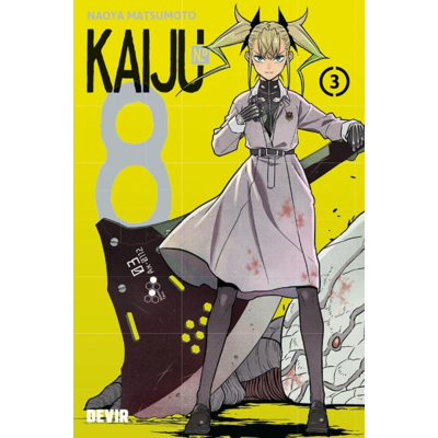 Capa volume 3 do manga KAIJU Nº8, personagem feminina de vestido cinza com manchas, fundo amarelo