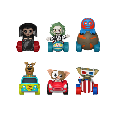 Seis brinquedos colecionáveis de personagens em mini carros coloridos
