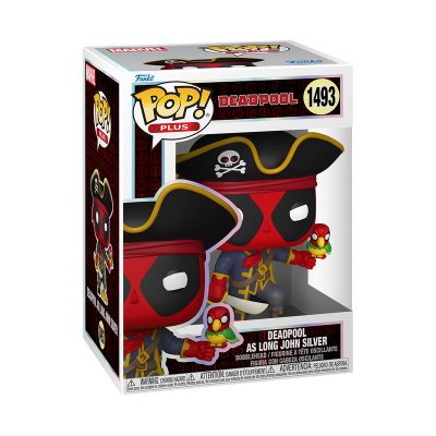 Funko POP! Plus Deadpool As Long John Silver vermelho, preto e amarelo com chapéu de pirata e papagaio na caixa