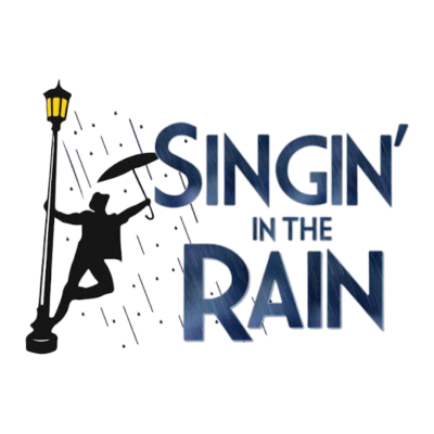 Logotipo com uma silhueta a segurar um candeeiro e um guarda-chuva sob chuva e texto SINGIN IN THE RAIN