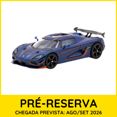 Miniatura de carro desportivo azul com detalhes laranja e asa traseira preta