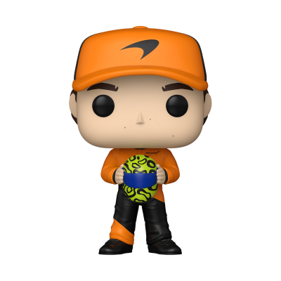 Boneco Funko Pop de piloto de corrida com fato e boné laranja McLaren segurando capacete verde e preto