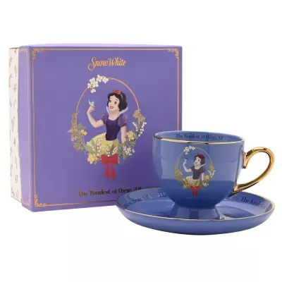 Conjunto chávena e prato azul Branca de Neve com ilustração e caixa roxa decorativa
