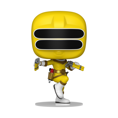 Figura Funko Pop de personagem com fato amarelo e botas brancas segurando bastões amarelos.