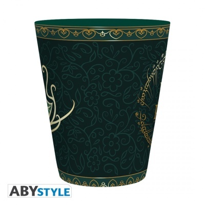 Copo verde escuro com padrões florais e letras douradas
