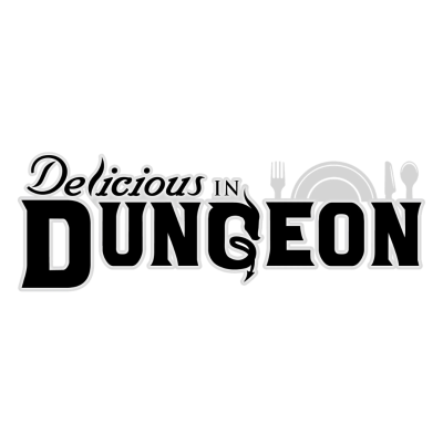 Logótipo com texto Delicious in Dungeon em preto e branco e ícones de talheres e prato cinzentos