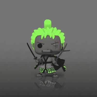 Boneco colecionável Funko Pop samurai com cabelo verde neon e três espadas