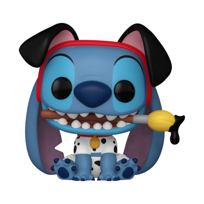 Figura Stitch vestido de cão dálmata segurando pincel amarelo com tinta preta