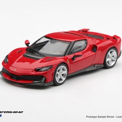 Miniatura de carro desportivo vermelho com detalhes em preto e rodas prateadas