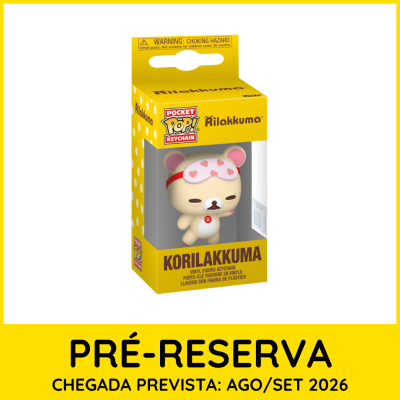 Chaveiro vinil Korilakkuma em caixa amarela com texto e polka dots brancos