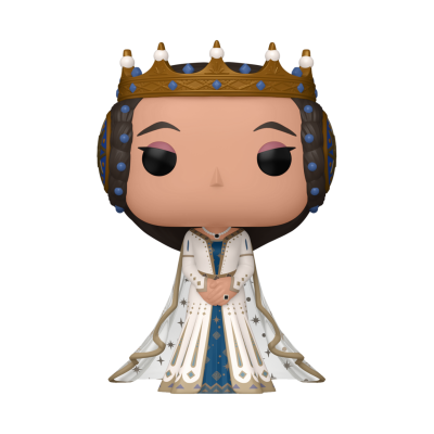 Figura colecionável Funko Pop de uma rainha com coroa dourada e vestido branco detalhado