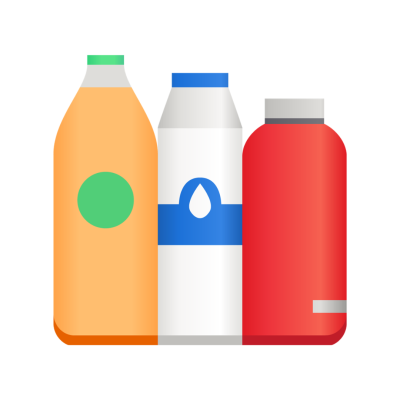 Três embalagens plásticas coloridas, laranja, branca e vermelha, com detalhes em verde, azul e cinza.