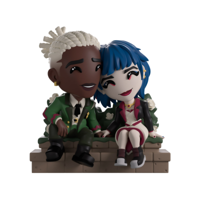 Duas figuras estilizadas sentadas num banco com flores brancas no fundo