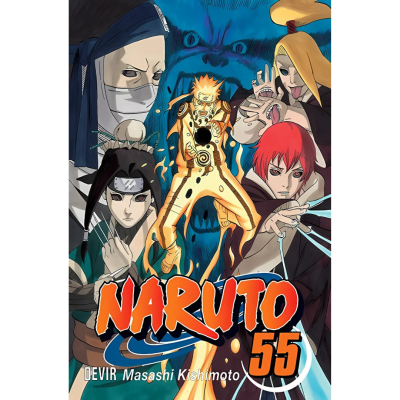 Capa do manga Naruto volume 55 com vários personagens em fundo azul