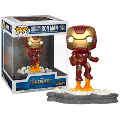 Figura Funko Pop Iron Man com base de fogo e caixa display.