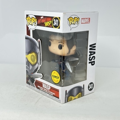 Figura Funko Pop da personagem Wasp da Marvel em caixa branca com janela transparente.
