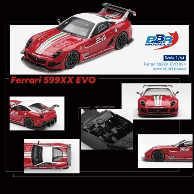 Miniatura de Ferrari 599XX EVO vermelho com faixa verde e branca e número 24, vista de vários ângulos.