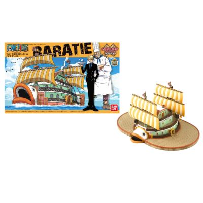 Miniatura do navio Baratie de One Piece com velas amarelas às riscas brancas e caixa ilustrada