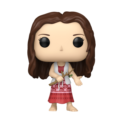 Funko Pop de mulher com vestido vermelho, cabelo castanho e ramo na mão