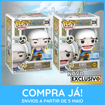 Figura Vinyl Enel One Piece Funko POP! em caixa branca com dois exemplares e fundo de mapa