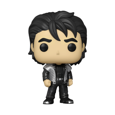 Figura Funko Pop de homem com cabelo preto e jaqueta cinzenta com padrão quadriculado