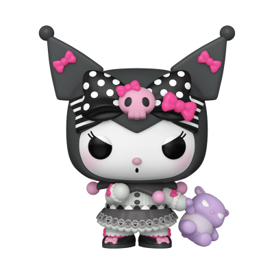 Figura Funko Pop de Kuromi com máscara preta, vestido preto e branco, laços cor-de-rosa e segurando urso roxo