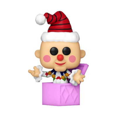 Figura colecionável de cabeça em caixa cor-de-rosa, com chapéu de Natal vermelho e pompom branco