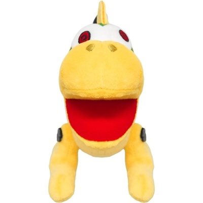 Peluche amarelo com boca aberta vermelha e olhos brancos com vermelho