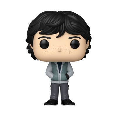 Figura Funko Pop com cabelo preto e roupa casual cinza e verde