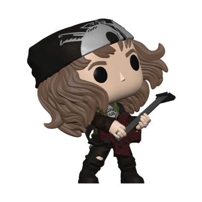 Figura Pop! de Vinil com cabelo castanho, gorro preto, guitarra vermelha.