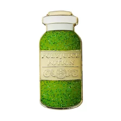 Pino metálico decorativo em forma de frasco verde brilhante com etiqueta POLYJUICE POTION
