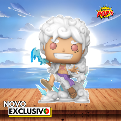 Figura colecionável estilo Funko Pop com cabelo branco cacheado e roupa branca com faixa roxa
