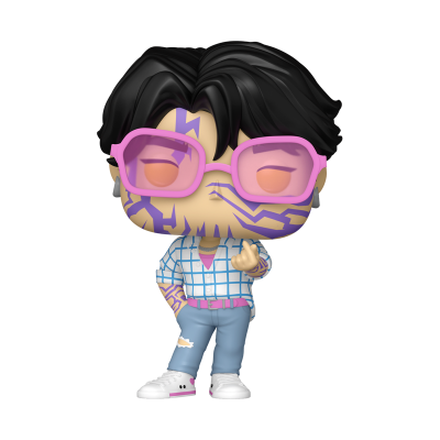 Figura Funko Pop estilizada com cabelo preto, óculos rosas e roupa casual