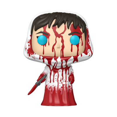 Figura Funko Pop fantasia com capuz branco e vermelho manchado de sangue e adaga vermelha
